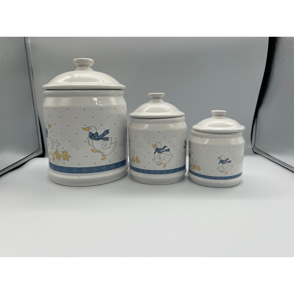 Vintage Country Goose Ceramic Kitchen Canister Set of 3 White Blue Farmhouse